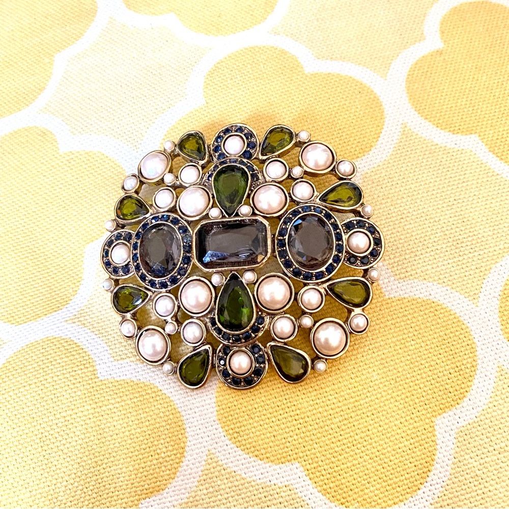 Vintage Signed Monet Pearl, Green & Blue Glass Stones & Rhinestones Large Brooch